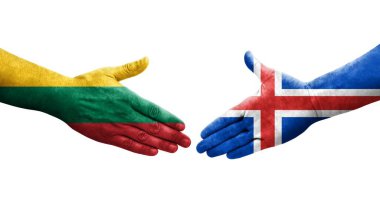 İzlanda ve Litvanya bayrakları arasında el sıkışma, izole şeffaf görüntü.