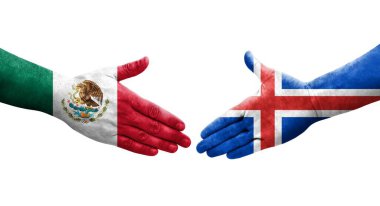 İzlanda ve Meksika bayrakları arasında el sıkışma, izole şeffaf görüntü.