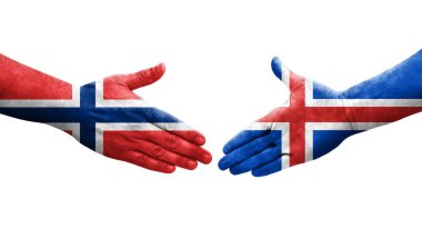 İzlanda ve Norveç bayrakları arasında el sıkışma, izole edilmiş şeffaf görüntü.