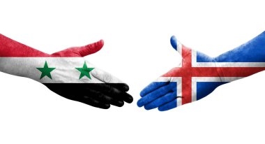 İzlanda ve Suriye bayrakları arasında el sıkışma, izole şeffaf görüntü.