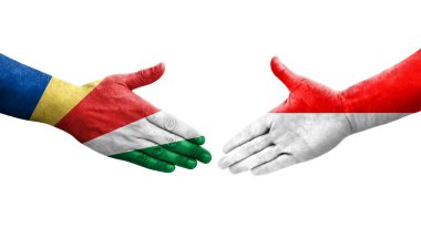 Ellerinde Endonezya ve Seyşeller bayrakları arasında el sıkışma, izole şeffaf görüntü.