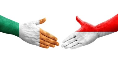 Endonezya ve İrlanda bayrakları arasındaki el sıkışma ellerinde resmedilmiş şeffaf görüntü.