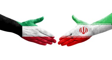 İran ve Kuveyt bayrakları arasındaki el sıkışma, izole şeffaf görüntü.