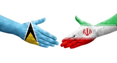 İran ve Aziz Lucia bayrakları arasındaki el sıkışma, izole şeffaf görüntü.