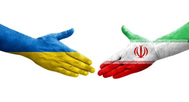 İran ve Ukrayna bayrakları arasındaki el sıkışma, izole şeffaf görüntü.