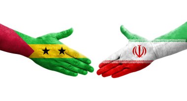 İran ve Sao Tome ve Principe bayrakları arasındaki el sıkışma, izole şeffaf görüntü.