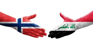 Irak ve Norveç bayrakları arasında el sıkışma, izole şeffaf görüntü.