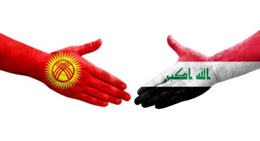 Irak ve Kırgızistan bayrakları arasında el sıkışma, izole şeffaf görüntü.