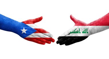 Irak ve Porto Riko bayrakları arasında el sıkışma, izole şeffaf görüntü.