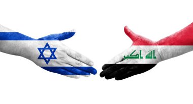 Irak ve İsrail bayrakları arasında el sıkışma, izole şeffaf görüntü.