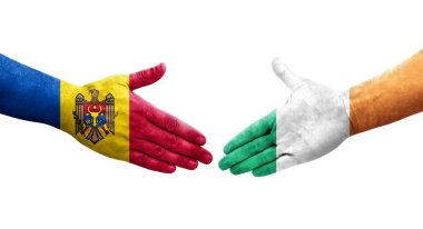 İrlanda ile Moldova bayrakları arasındaki el sıkışma, izole edilmiş şeffaf görüntü.
