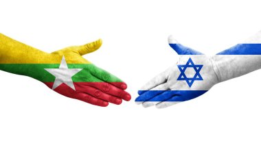 İsrail ve Myanmar bayrakları arasında el sıkışma, izole şeffaf görüntü.