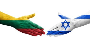 İsrail ve Litvanya bayrakları arasında el sıkışma, izole şeffaf görüntü.