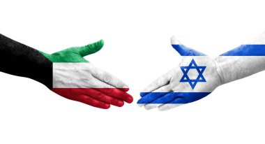 İsrail ve Kuveyt bayrakları arasında el sıkışma, izole şeffaf görüntü.