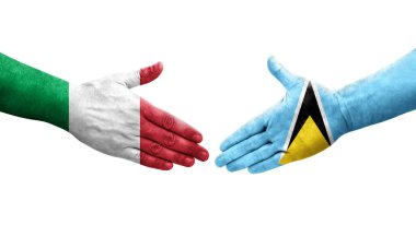 İtalya ve Saint Lucia bayrakları arasındaki el sıkışma, izole şeffaf görüntü.