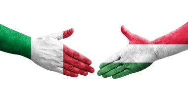 İtalya ve Macaristan bayrakları arasındaki el sıkışma, izole şeffaf görüntü.