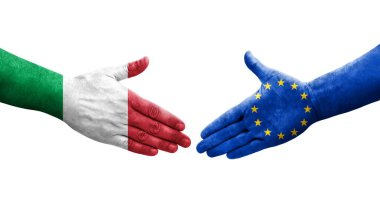İtalya ile Avrupa Birliği bayrakları arasındaki el sıkışma, izole şeffaf görüntü.