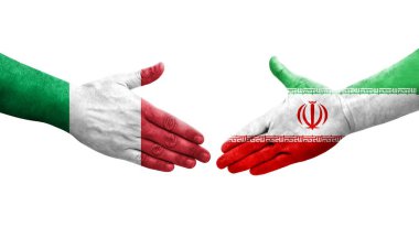 İtalya ve İran bayrakları arasında el sıkışma, izole şeffaf görüntü.
