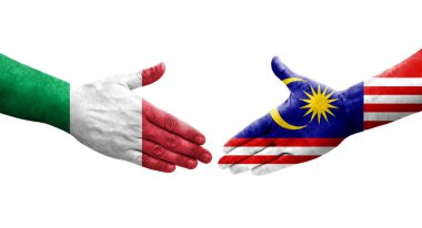 İtalya ile Malezya bayrakları arasındaki el sıkışma, izole şeffaf görüntü.
