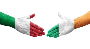 İtalya ve İrlanda bayrakları arasında el sıkışma, izole şeffaf görüntü.