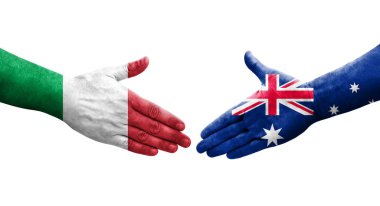 İtalya ve Avustralya bayrakları arasında el sıkışma, izole şeffaf görüntü.