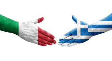 İtalya ile Yunanistan arasındaki el sıkışma ellerinde bayraklar, izole edilmiş şeffaf görüntü.