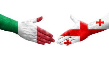 İtalya ve Gürcistan bayrakları arasındaki el sıkışma ellerinde resmedilmiş şeffaf bir görüntü.