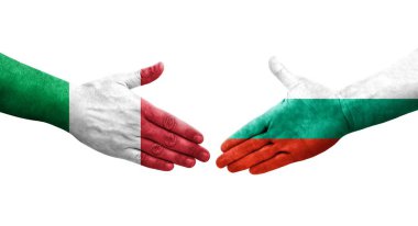 İtalya ile Bulgaristan arasındaki el sıkışma ellerinde bayraklar, izole edilmiş şeffaf görüntü.