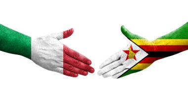 İtalya ve Zimbabwe bayrakları arasında el sıkışma, izole şeffaf görüntü.