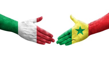 İtalya ve Senegal bayrakları arasındaki el sıkışma, izole şeffaf görüntü.