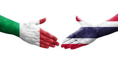 İtalya ve Tayland bayrakları arasında el sıkışma, izole şeffaf görüntü.