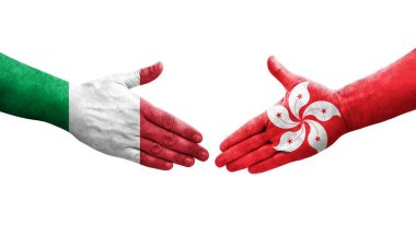 İtalya ve Hong Kong bayrakları arasında el sıkışma, izole şeffaf görüntü.