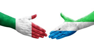 İtalya ile Sierra Leone bayrakları arasındaki el sıkışma, izole şeffaf görüntü.