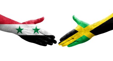 Ellerinde Jamaika ve Suriye bayrakları arasında el sıkışma, izole şeffaf görüntü.