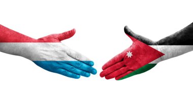 Ürdün ve Lüksemburg bayrakları arasında el sıkışma, izole şeffaf görüntü.