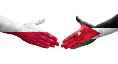 Ürdün ve Polonya arasındaki el sıkışma ellerinde bayraklar, izole şeffaf görüntü.