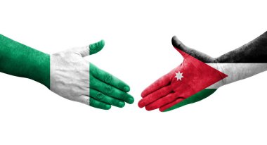 Ürdün ve Nijerya bayrakları arasındaki el sıkışma ellerinde resmedilmiş şeffaf bir görüntü.
