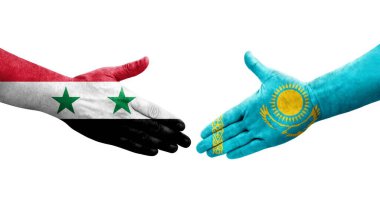 Kazakistan ve Suriye bayrakları arasındaki el sıkışma, izole şeffaf görüntü.