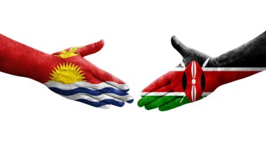 Kenya ve Kiribati bayrakları arasındaki tokalaşma elleri boyalı, izole şeffaf görüntü.