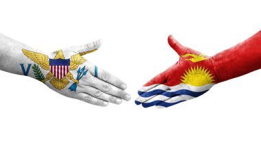 Ellere boyanmış Kiribati ve Virgin Adaları bayrakları arasındaki el sıkışma, izole şeffaf görüntü.