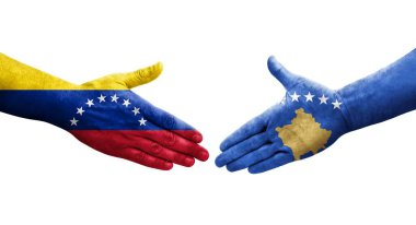 Kosova ile Venezuela bayrakları arasındaki el sıkışma, izole edilmiş şeffaf görüntü.