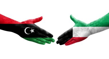 Kuveyt ve Libya bayrakları arasındaki el sıkışma, izole edilmiş şeffaf görüntü.