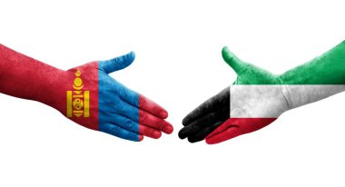 Kuveyt ve Moğolistan bayrakları arasındaki el sıkışma, izole şeffaf görüntü.