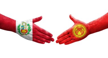 Kırgızistan ve Peru bayrakları arasındaki el sıkışma ellerinde izole şeffaf görüntü.