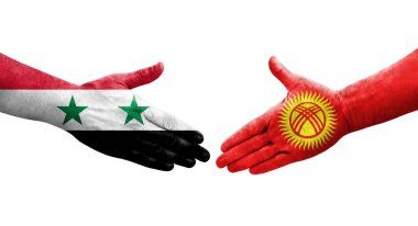 Kırgızistan ve Suriye bayrakları arasındaki el sıkışma, izole şeffaf görüntü.
