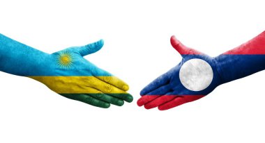 Laos ve Ruanda bayrakları arasındaki el sıkışma ellerinde resmedilmiş şeffaf görüntü.