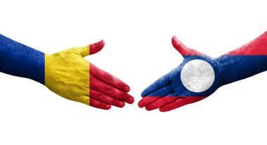 Laos ve Romanya bayrakları arasındaki el sıkışma el yazısı, izole edilmiş şeffaf görüntü.