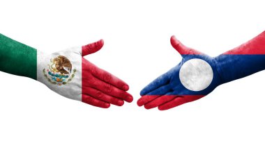 Laos ve Meksika bayrakları arasındaki el sıkışma ellerinde resmedilmiş şeffaf bir görüntü..