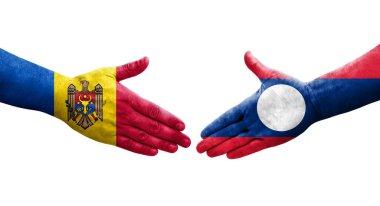 Ellerinde Laos ve Moldova bayrakları arasında el sıkışma, izole şeffaf görüntü.