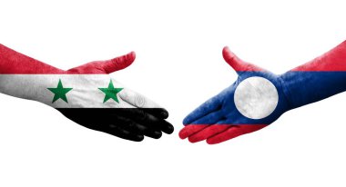 Laos ve Suriye bayrakları arasında el sıkışma, izole edilmiş şeffaf görüntü.